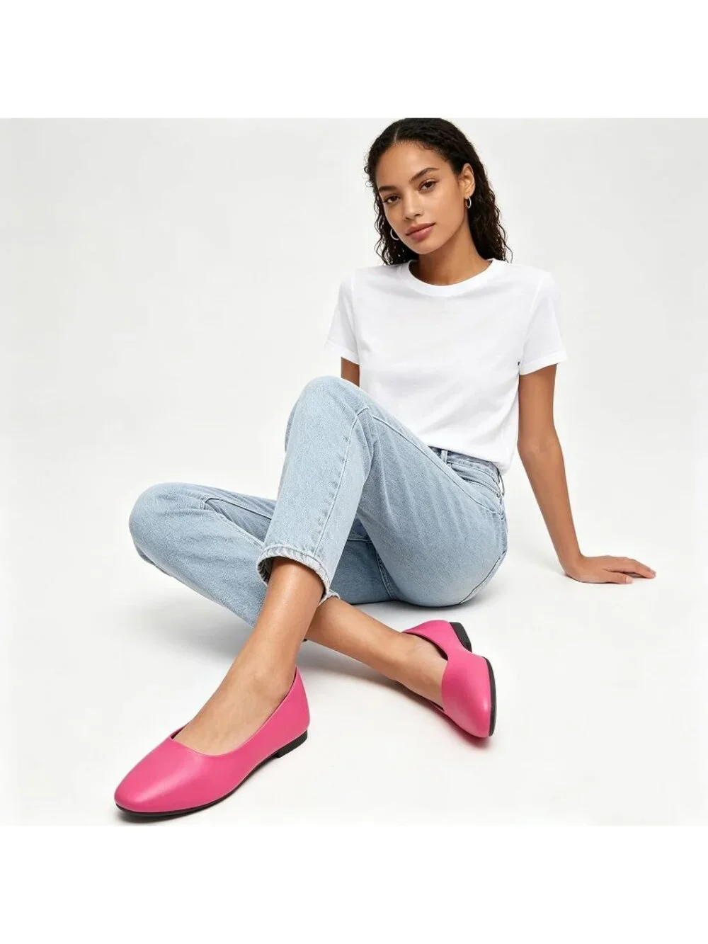 Women Rose Red PU Leather Comfortable Ballet Flat Slip on Round Toe Casual Shoes